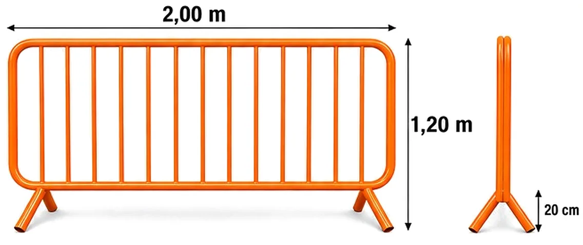 Desenho da grade laranja: de frente, 2,00 m de largura e 1,20 m de altura, e na vista lateral, pés de 20 cm de altura